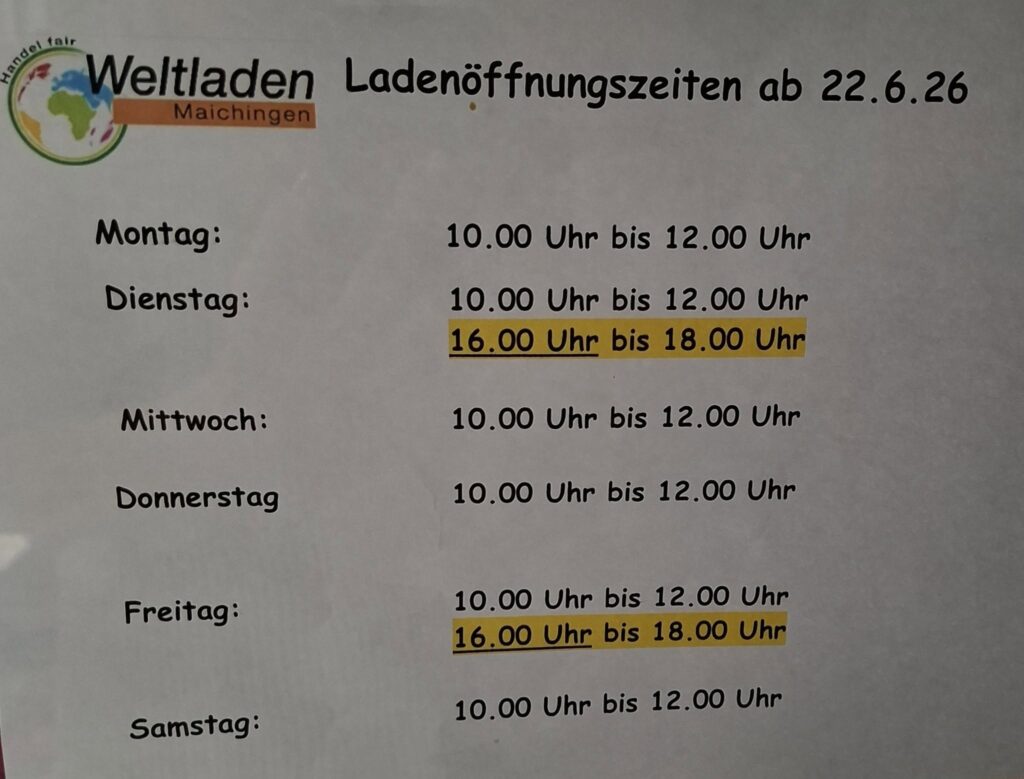 Ladenöffnungszeiten : Montag-Freitag 10-12 Uhr Dienstag&Freitag 16-18 Uhr